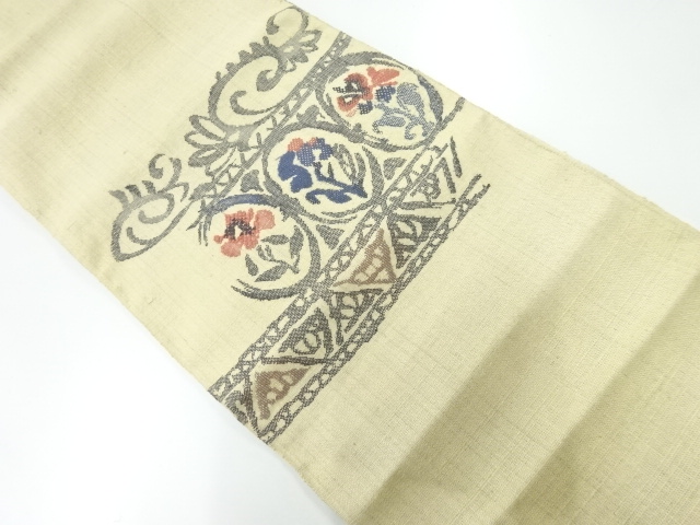 アンティーク　手織り紬草花模様織出し名古屋帯